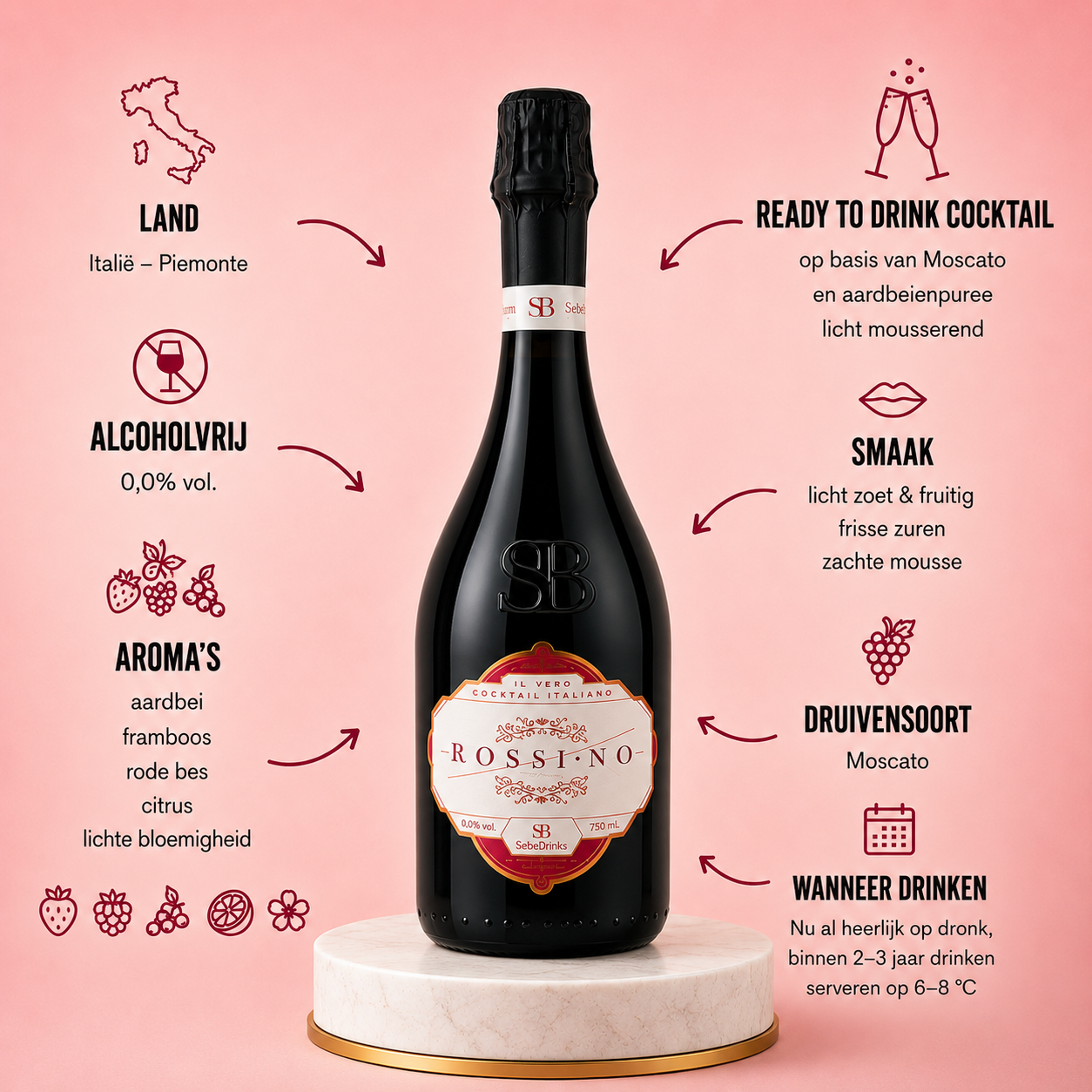 SeiBelissimi - Rossi•no 0.0 - Alcoholvrije Aardbeien Cocktail